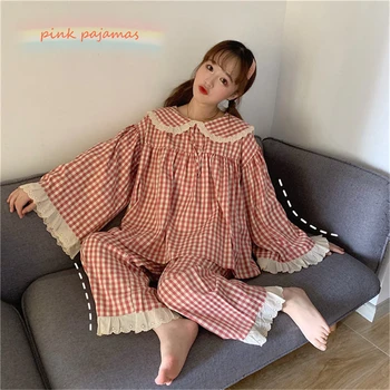 2020 пижамный комплект, сексуальная ночная рубашка в клетку с кружевным краем, осенний новый женский корейский халат из двух предметов для домашнего обслуживания ночнушка