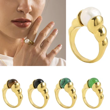 2021 Новые модные кольца из натурального камня и жемчуга для женщин, съемные круглые бусины, винтажное Золотое кольцо с круассаном, модные украшения