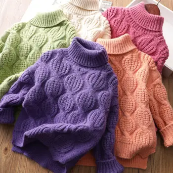 2023 Весна Осень, Детский свитер для девочек, хлопковая однотонная Толстая водолазка, Теплые топы, Вязаный Свободный эластичный свитер для девочек