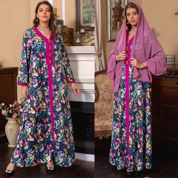 2023 Новое мусульманское платье с цветочным принтом Для женщин Дубай Арабская Абая Дубай Арабский Турция Марокко Кафтан Исламская одежда Индия Халат Халат