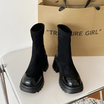 2023 Новые замшевые туфли, женские ботинки, повседневные ботинки на платформе до середины икры, готические туфли, короткие сапоги, женские пинетки больших размеров