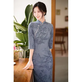 2023 Новый Китайский стиль, Модное женское платье Cheongsam Qipao, Тонкие Повседневные Винтажные Элегантные платья с цветочным рисунком, S2168