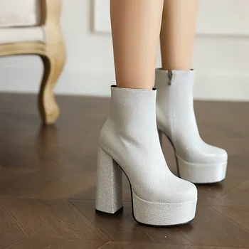 2023 осенне-зимние женские ботильоны размера плюс 22-26,5 см, материалы Gretel + ткань с блестками, современные ботинки, короткие сапоги на очень высоком каблуке