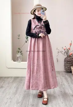 2024 китайское традиционное платье, национальное хлопковое льняное жаккардовое платье без рукавов, сарафан с цветочной вышивкой, элегантное платье трапециевидной формы
