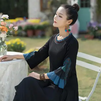 2024 традиционная китайская винтажная рубашка женская национальная hanfu кружевной шифоновый топ танский костюм восточная цветочная вышивка ретро рубашки