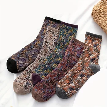 5 пар женских носков средней длины, носки с цветочным принтом, в стиле ретро, удобные и дышащие