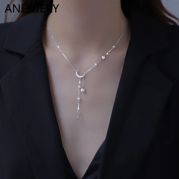 ANENJERY Star Moon Ожерелье-цепочка с кисточками из искусственного жемчуга для женщин, легкая роскошная цепочка для ключиц, вечерние украшения