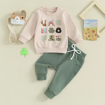 AXYRXWR, Комплекты одежды для маленьких мальчиков на День Святого Патрика, свитшоты с буквенным принтом клевера с длинным рукавом + штаны на завязках