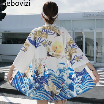 Bebovizi Crane Кимоно Уличная Одежда Кардиган Harajuku Синие Волны Халат Одежда В Японском Стиле Для Мужчин Женщин Традиционная Куртка Для Косплея