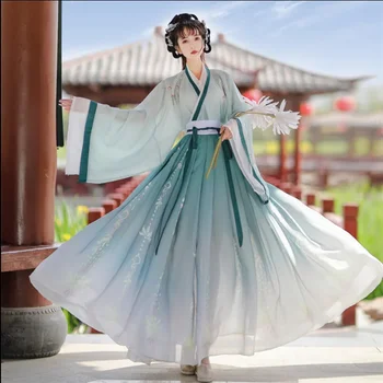 Hanfu Женское платье для танцев с китайской традиционной вышивкой, женский костюм феи для косплея, Hanfu Градиентный Синий и зеленый для женщин