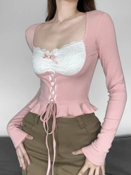 HOUZHOU Розовый топ с длинным рукавом, женская кокетка, Эстетичная Сексуальная кружевная лоскутная повязка с квадратным воротником, тонкая футболка Y2k, укороченный топ