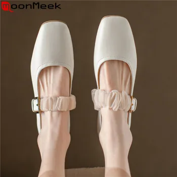 MoonMeek 2023, Новый размер 34-40, женские балетные туфли, милые туфли на плоской подошве из натуральной кожи, женские однотонные туфли на плоской подошве с пряжкой