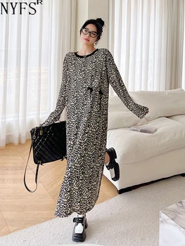 NYFS 2023, Осеннее новое Корейское женское платье, Vestidos Robe Elbise, свободные длинные платья с леопардовым шнурком больших размеров.