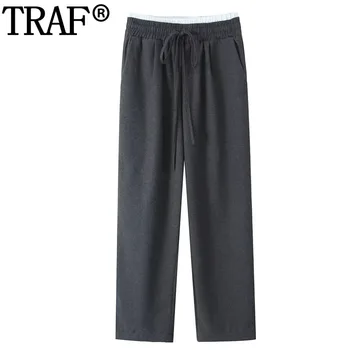 TRAF 2024 Серые женские брюки с высокой талией, мешковатые Широкие брюки, женские осенне-зимние женские брюки, офисные повседневные прямые брюки
