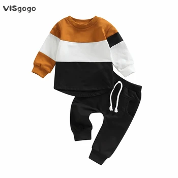 VISgogo Для малышей и мальчиков, комплект одежды из 2 предметов контрастного цвета, топы с круглым вырезом и длинными рукавами + однотонный комплект длинных брюк