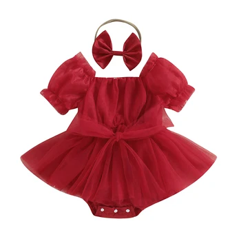VISGOGO/ комбинезон для новорожденных девочек, платье с цветочной вышивкой, сетчатые комбинезоны с короткими рукавами, повязка на голову, наряды принцессы