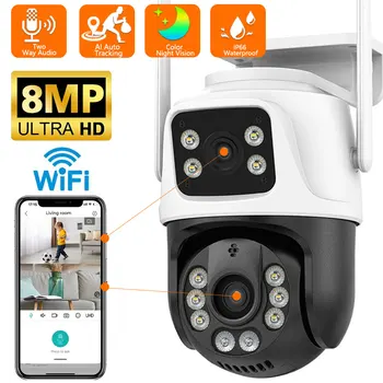 WIFI IP-камера 4K 8MP Камера видеонаблюдения с двумя объективами 4MP HD PTZ-камера с двойным экраном Наружное видеонаблюдение с автоматическим отслеживанием AI iCSee
