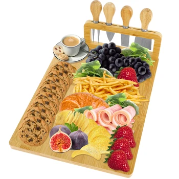 Бамбуковая сырная доска и набор для разбрасывания сыра 14 × 11-дюймовая Разделочная доска со съемным держателем для ножей, Моющееся блюдо для сыра