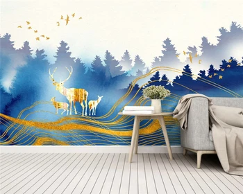 бейбехан Изготовленный на заказ современный новый пейзаж в китайском стиле тушь олень линия сусального золота ТВ фон papel de parede 3D обои