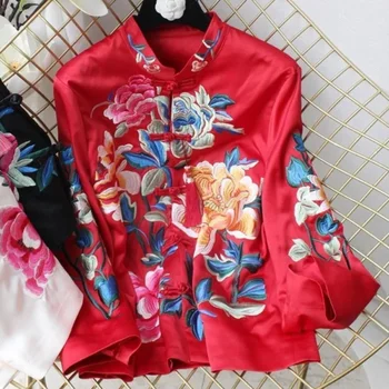 Весенне-Осенняя Китайская Куртка Женская Мода Пион Вышивка Китайский Топ Короткий Художественный Темперамент Пуговицы Женская Китайская Рубашка