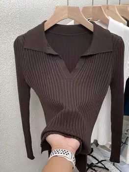 Весенняя женская блузка, вязаный тонкий пуловер, топ, женская туника с длинными рукавами, рубашки-поло с однотонным вырезом, блузки для женщин, мода 2023 г.