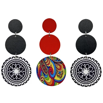 Винтажные деревянные серьги в виде черного круга, креативные серьги с кисточкой в виде круга с этническим красным рисунком, висячие серьги для женщин