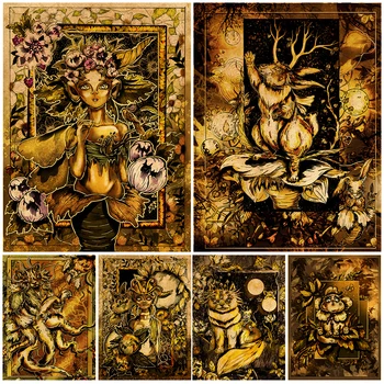Волшебные Лесные животные, цветы, грибы Настенная живопись на холсте, Винтажный Абстрактный плакат с цветочным Эльфом и принты для украшения дома
