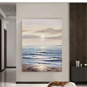 Высококачественное полотно с ручной росписью на тему восхода солнца и морского пейзажа, абстрактная картина маслом, современная мода, художественное украшение для дома, настенный столб