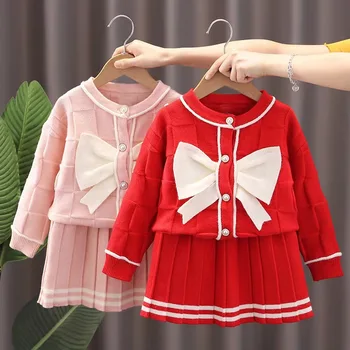 Вязаные свитера для девочек, новый зимний свитер из двух частей для девочек, кардиган, плиссированная юбка, юбка