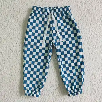 Горячие продажи RTS БЕЗ MOQ Эластичный пояс Sassy Boutique Детские синие хлопчатобумажные брюки для малышей Детские клетчатые брюки
