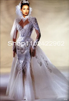 Деметриос 1994 Свадебные платья русалки со съемным шлейфом Ретро Современные свадебные платья Gillter Illusion с длинным рукавом и высоким воротом
