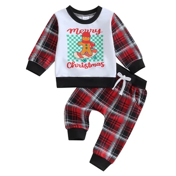 Детская одежда из 2 предметов, толстовка с круглым вырезом и клетчатыми штанами с рождественским буквенным принтом для малышей, комплект детских брючных костюмов