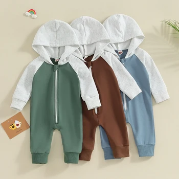 Детская одежда Осенний повседневный комбинезон для мальчиков, одежда для новорожденных контрастного цвета, комбинезон с капюшоном на молнии с длинным рукавом