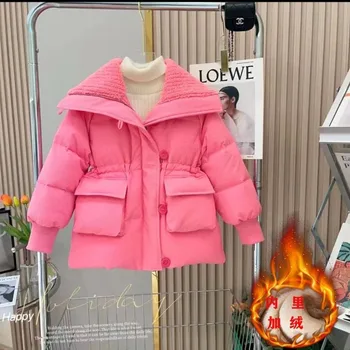 Детская пуховая и Ватная куртка Средней длины Ярко-Розового Черного цвета, Детская Зимняя одежда, Утепленная куртка с Хлопчатобумажной подкладкой