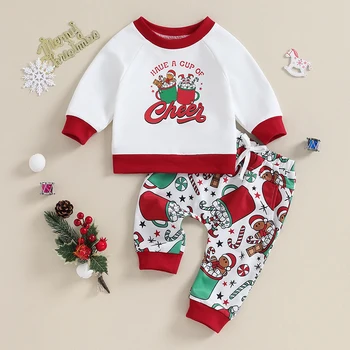 Детские рождественские наряды из 2 предметов, толстовка с кружкой и штанами с принтом Санта-Клауса с длинным рукавом, комплект одежды для малышей