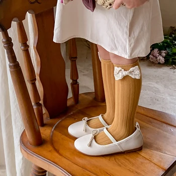 Детские Хлопчатобумажные Длинные носки в трубочку для девочек, малышей, женщин, Лето Весна, Белые Носки до колен с милым бантом, Каваи, Чулки