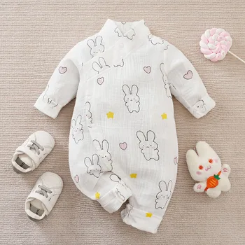 Детский комбинезон 0-18 м, Милый хлопковый принт с мультяшным кроликом, Удобная и мягкая Весенняя и осенняя одежда для новорожденных с длинными рукавами