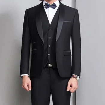 Джентльменские черные костюмы для мужчин, модная шаль с лацканами, однобортный Элегантный пиджак с одной пуговицей, брюки, жилет, приталенный блейзер