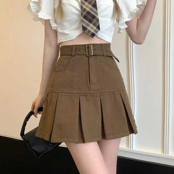 Джинсовая плиссированная юбка HOUZHOU, женская Винтажная стильная Корейская милая коричневая мини-юбка трапециевидной формы с высокой талией и поясом, летняя повседневная юбка