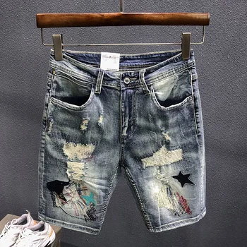Джинсовые шорты-бермуды мужские летние Новые модные нашивки с вышивкой, рваные дырки, молодежная уличная одежда, короткие джинсы в стиле ретро, мужские