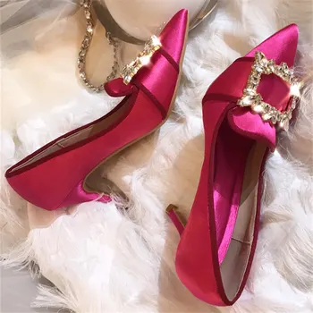 Дизайнерская женская обувь Люксового бренда на высоком каблуке 6/8/10 см, шелковые туфли-лодочки с хрустальной пряжкой, красные свадебные туфли на подиуме, женские туфли на шпильке