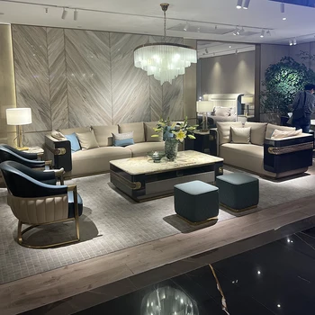 Дизайнерская мебель по индивидуальному заказу итальянская светлая гостиная роскошной виллы одноместная двухместная комбинация из трех кожаных диванов