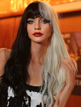 Длинные волнистые парики с челкой, наполовину черная блондинка, костюм на Хэллоуин, синтетический парик, двухцветные волосы для женщин, косплей, вечеринка, Термостойкие