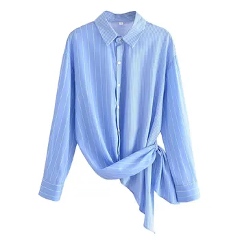 Женская асимметричная рубашка 2023, Модная Полосатая Длинная Повседневная блузка, топы, женские Шикарные Свободные рубашки с длинным рукавом, блузки