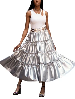 Женская блестящая расклешенная плиссированная юбка MALCIKLO с высокой талией, Серебристая многоуровневая металлическая струящаяся юбка-миди трапециевидной формы