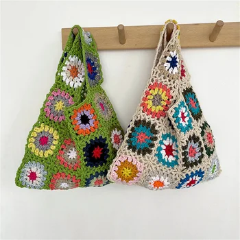 Женская сумка через плечо с цветочным рисунком, Дизайнерская Полая вязаная сумка, Мягкая тканая сумочка, Пляжная сумка в этническом стиле, Богемная сумка для путешествий.
