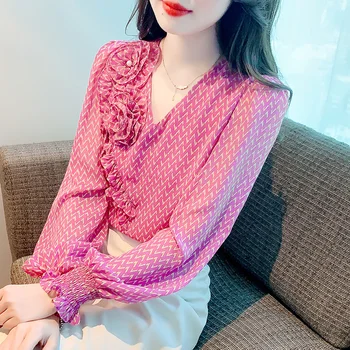 Женская шифоновая рубашка с длинными рукавами, элегантный тонкий V-образный вырез, розово-красные блузки с принтом, осенние топы, Новинка 2023 года