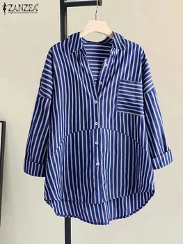 Женские повседневные рубашки в полоску ZANZEA 2023, модная сорочка с высокой посадкой, блузка для отдыха с отворотом, блузка с длинным рукавом, топы на пуговицах с карманами