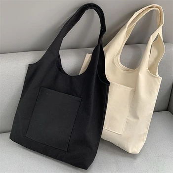 Женские сумки для покупок, холщовая сумка-жилетка для пригородных поездок, хлопчатобумажная ткань, белая Черная серия, продуктовые сумки для супермаркетов, школьная сумка-тоут