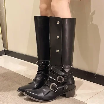 Женские черные ботинки Metal Doctor на толстом каблуке, осенние ботинки до середины икры из искусственной кожи с острым носком, женские мотоциклетные ботинки Большого размера 43